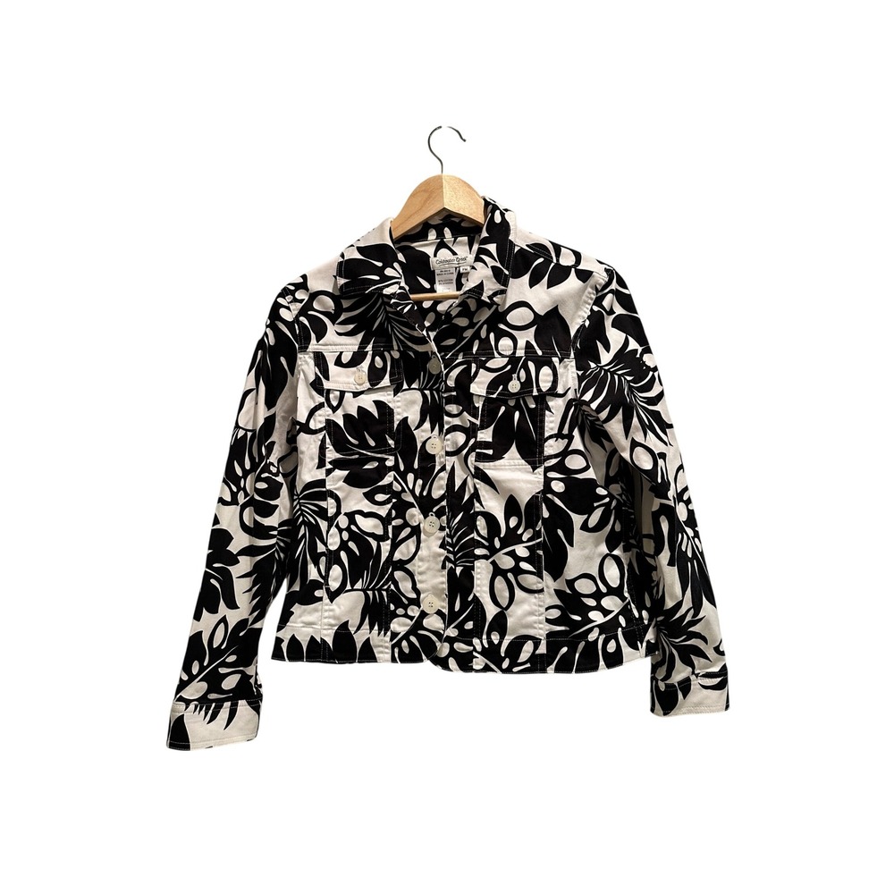 Coldwater Creek‎ Black White Tropical Leaf Print Jean Jacket Petite Medium